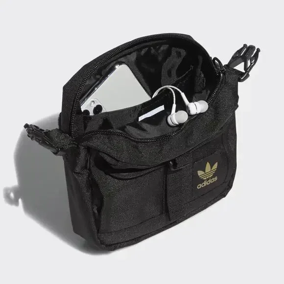 Adidas Large Festival Crossbody Bag Black Gold Trefoil Emblem Adjustable Unisex - Picture 9 of 11